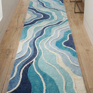 Blue Ocean Wave Runner Rug, Handmade Tufted Hallway Rug, Coastal Modern Wool Runner, Abstract Wavy Carpet, Long Entryway Rug, CustomSize Rug