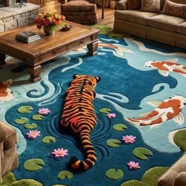 Tiger Koi Pond Area Rug – 3D Tufted Wildlife Carpet, Japanese Style Lotus Water Lily Rug, Nature Living Room Statement Floor Decor