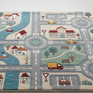 Kids City Road Play Rug | Hand Tufted Wool Playmat | Educational Car Track Rug for Nursery, Playroom & Kids Room