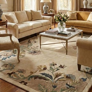 May include: A living room featuring two beige sofas, a gold-toned sofa, and a patterned armchair. A rectangular marble-topped coffee table sits on a large area rug with floral motifs. A crystal chandelier hangs above, with two table lamps.