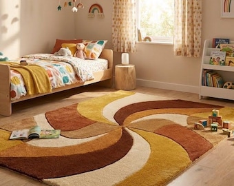 Large Wavy Area Rug — Retro Boho Shag Tufted Rug, Mid-Century Modern Living Room Carpet, Orange Green Cream Abstract Accent
