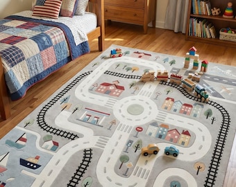 Kids Road Play Rug with Train Track – Boys Bedroom Area Rug – Educational Car Playmat – Nursery Playroom Carpet – Toddler Gift for kids room