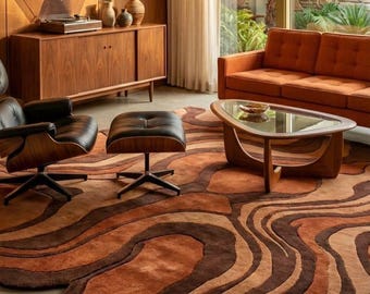 Mid Century Modern Abstract Area Rug – Brown Terracotta Organic Pattern Carpet – Retro 70s Contemporary Living Room Rug – Handmade rug
