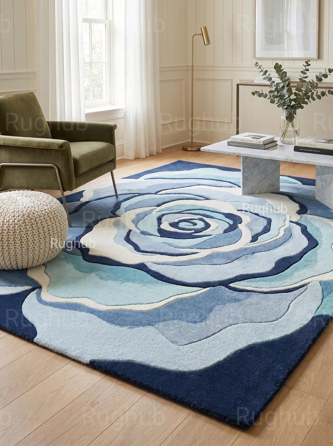 Blue Floral Tufted Rug, Large Rose Area Rug, Handmade Wool Flower Rug ...