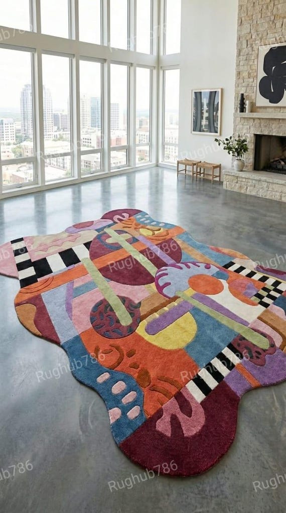 Abstract Irregular Area Rug, Modern Colorful Statement Rug, Hand Tufted Contemporary Carpet, Artistic Living Room Decor, Unique Luxury Rug