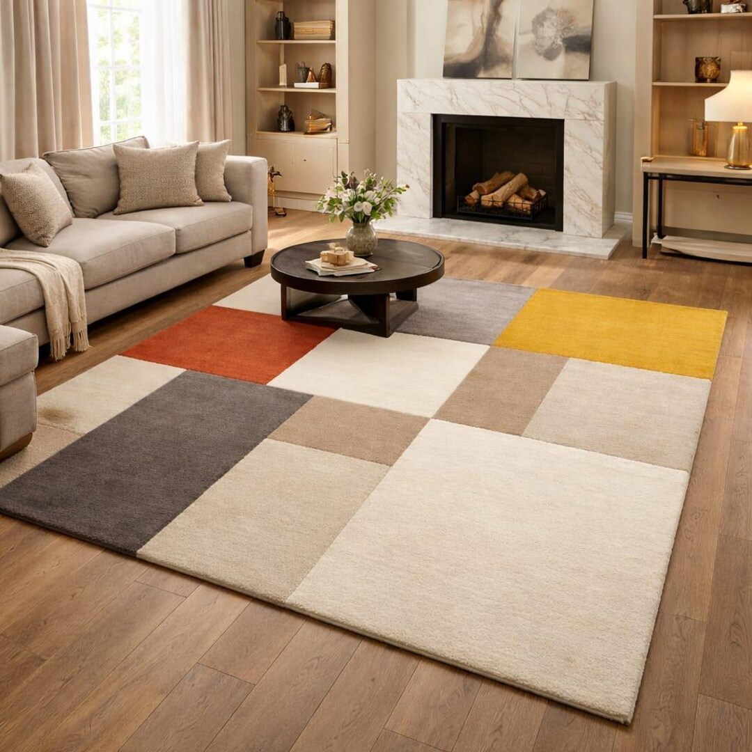 Modern Geometric Patchwork Area Rug | Neutral Square Pattern Rug With ...