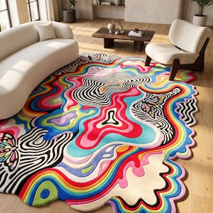 Tappeto astratto arcobaleno in lana trapuntato a mano, tappeto ondulato colorato, tappeto moderno a forma di farfalla, tappeto di design personalizzato fatto a mano per il soggiorno