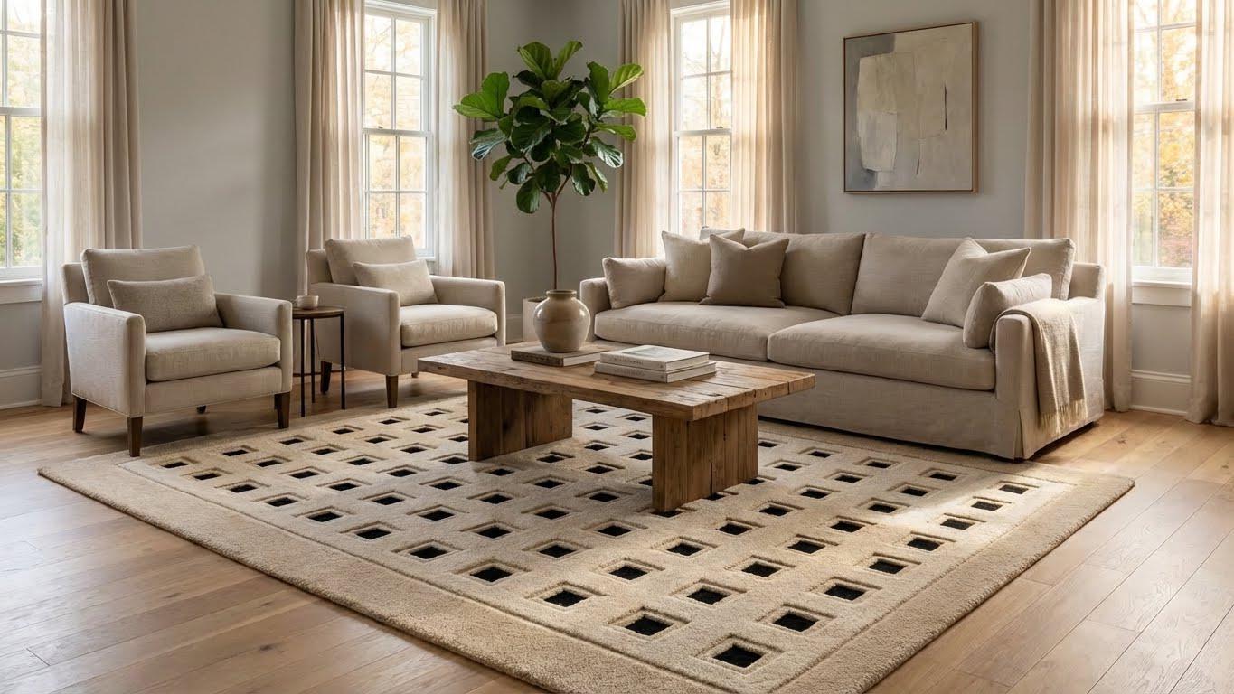 Square Pattern Rugs Hand-tufted Wool Area Rug, Modern Geometric Square Pattern Rug, Beige ...