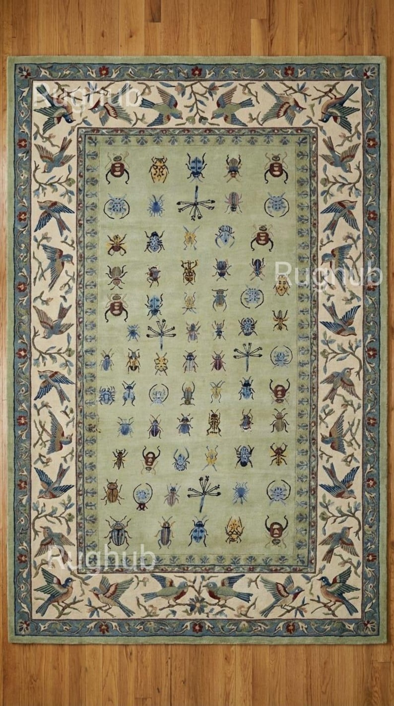 Hand-tufted Nature-inspired Area Rug | Bird & Insect Wool Carpet ...