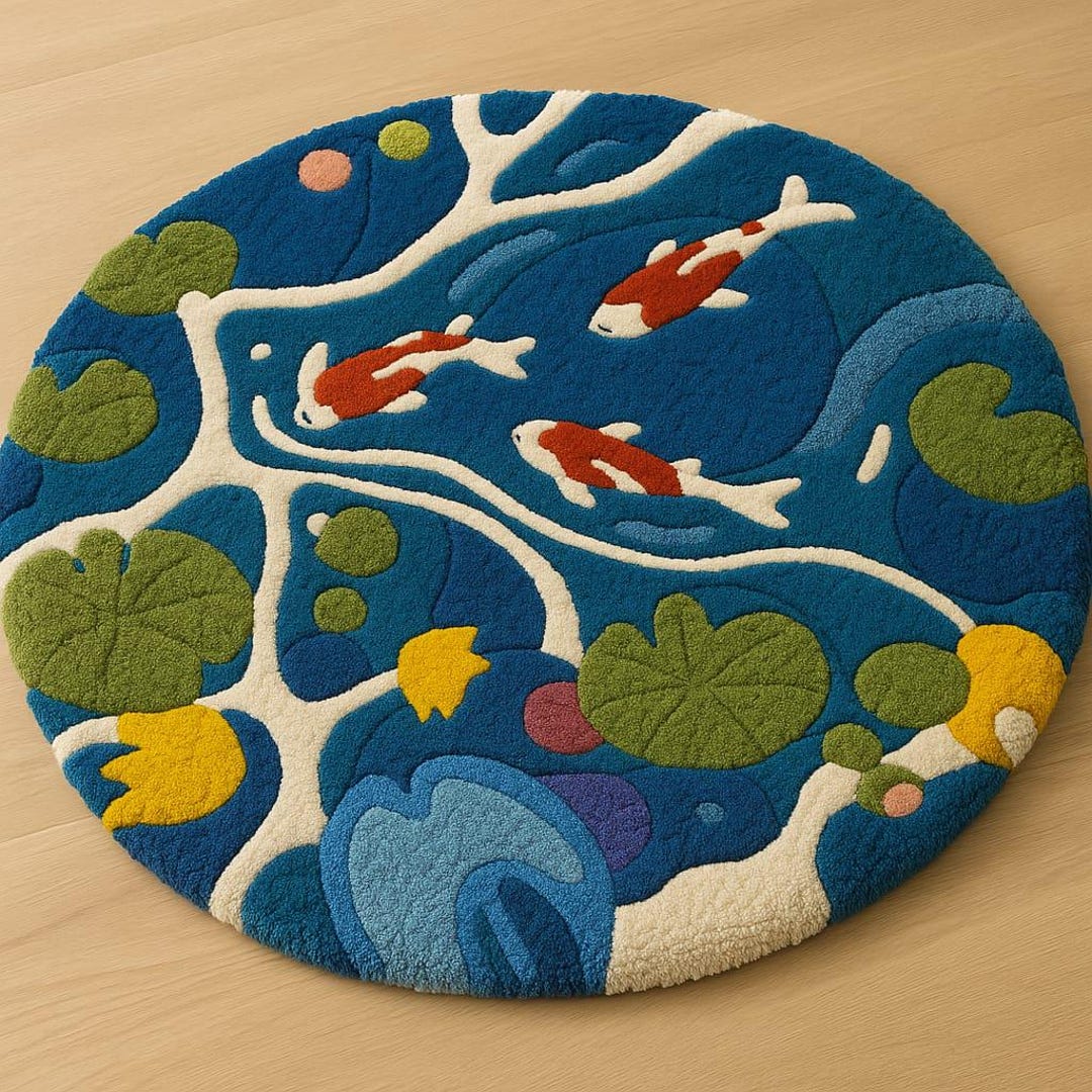 Handmade Round Koi Fish Pond Rug – Colorful Tufted Wool Carpet With ...