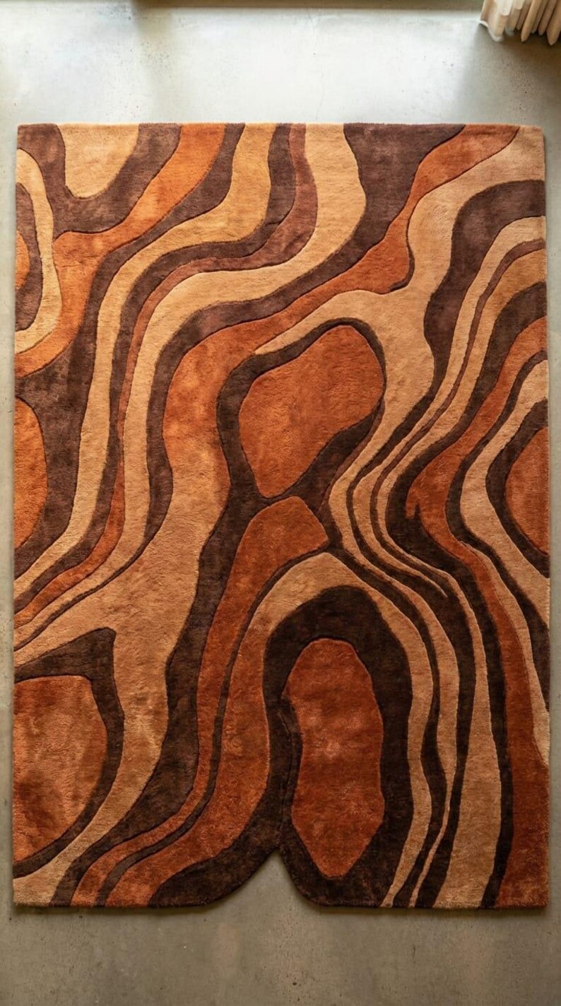 Undulating Small Rugs Mid Century Modern Abstract Area Rug – Brown Terracotta Organic Pattern ...