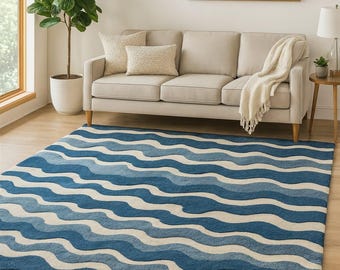 Tappeto trapuntato a mano, tappeto con design ondulato oceanico – Motivo astratto ondulato – Tappeto contemporaneo per soggiorno, arredamento minimalista per la casa