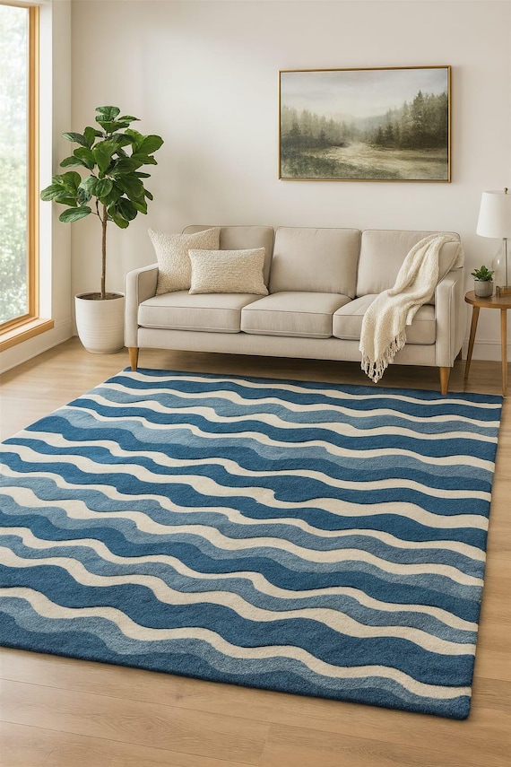 Hand Tufted Rug,wavy ocean design rug – Abstract wavy Pattern – Contemporary Living Room Rug, Minimalist Home Decor