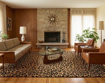 Leopard Print Area Rug, Animal Print Rug, Safari Cheetah Carpet, Modern Living Room Rug, Tan Black Statement Rug, Mid Century Decor Rug