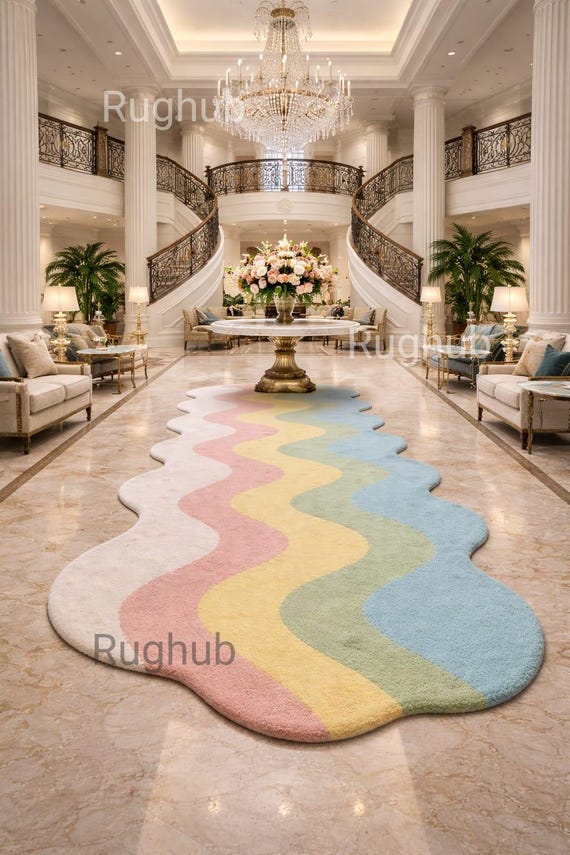 Pastell Gewellter Teppich Läufer, Unregelmäßiger Regenbogen Teppich, Weicher Moderner Flur Teppich, Handgemachter Teppich
