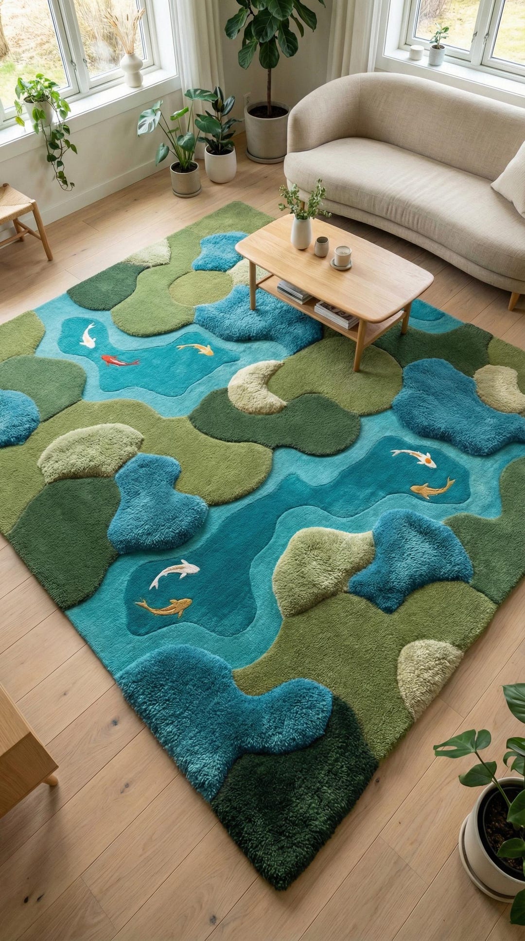 Pond Colors Rug Modern Pond Koi Fish Area Rug | Abstract Nature Tufted Rug | Green Blue ...