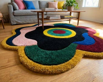 Tapis moderne abstrait en laine tufté à la main | à fleurs de forme irrégulière | Tapis artistique sculpté coloré à poils longs | Tapis de salon