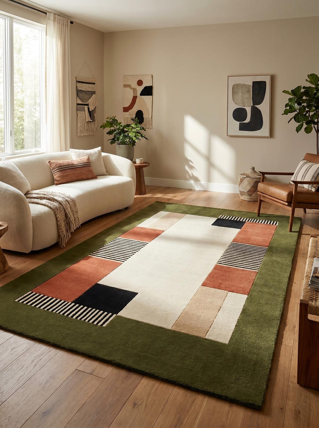 Olive Green Abstract Tufted Rug, Modern Geometric Area Rug, Handmade ...