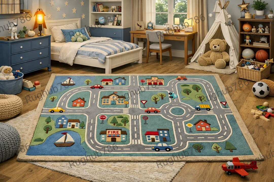 Kids Road Map Play Rug | Town Traffic Car Play Mat | Nursery & Playroom ...