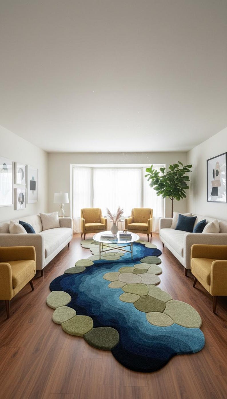 Hand Tufted Moss Ruge ,river Inspired Wool Rug, Organic Shape Area Rug ...