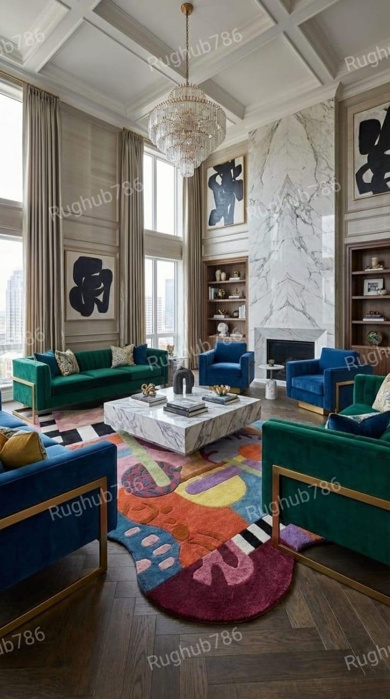 May include: A luxurious living room featuring a green velvet sofa, blue armchairs, and a marble coffee table. A colorful abstract rug sits on a dark wood floor. The room is decorated with large abstract art and a crystal chandelier.