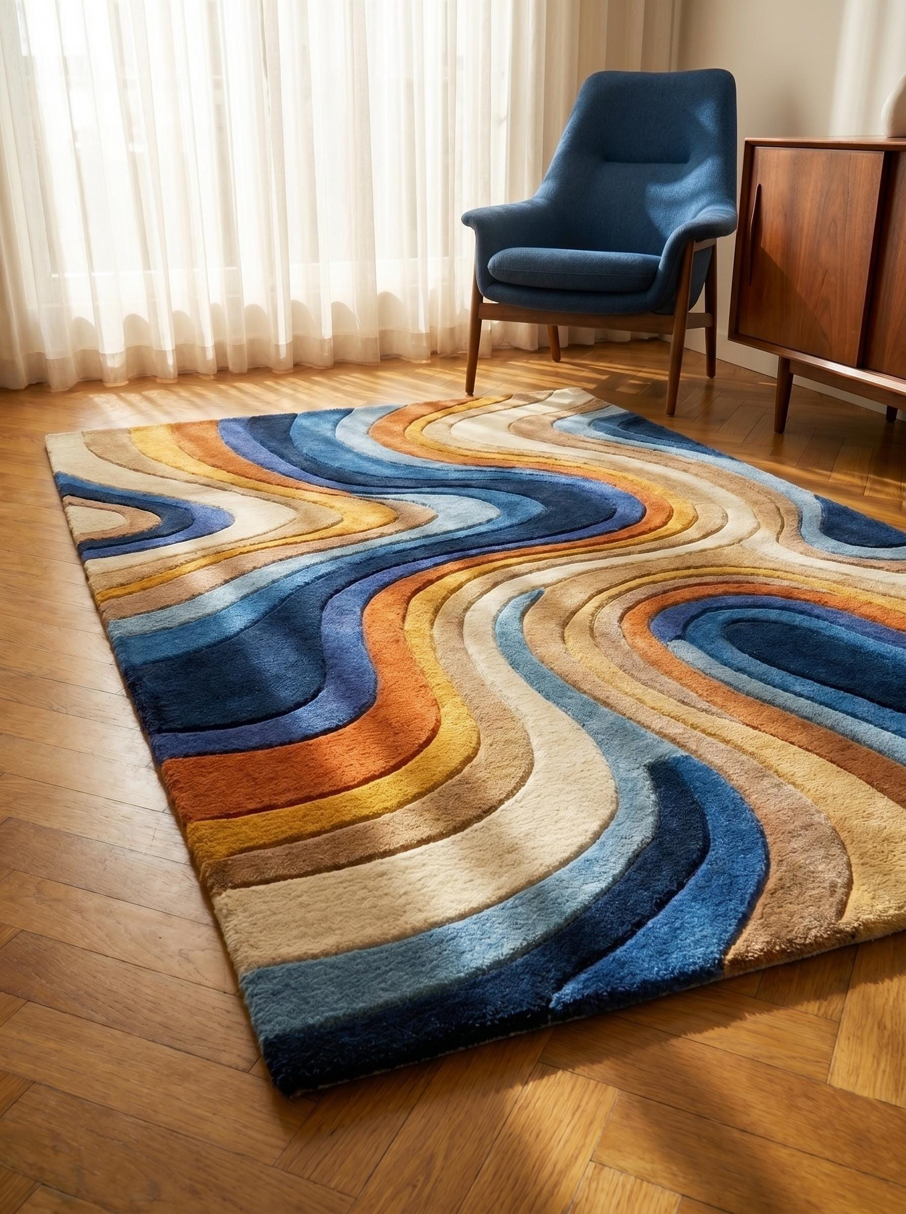 Modern Abstract Tufted Rug, Blue Orange Wavy Area Rug, Mid Century Wool ...