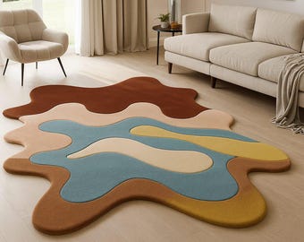 Tappeto astratto ondulato annodato a mano / Tappeto moderno colorato / Tappeto dalla forma organica per soggiorno, camera da letto e ufficio / Tappeto annodato a mano