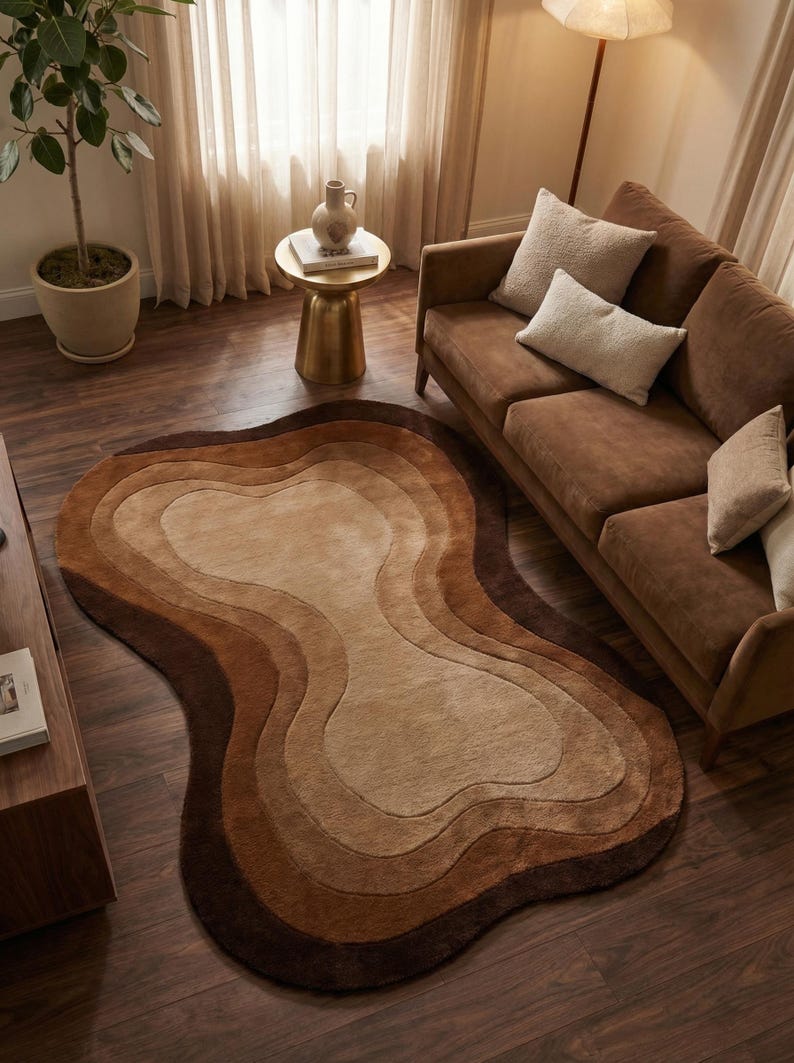 Hand Tufted Organic Shape Area Rug Neutral Brown Abstract Wool Rug ...