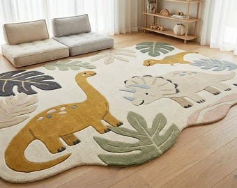 Tappeto per bambini con dinosauro fatto a mano - Grazioso tappeto da gioco con animali da safari, morbido tappeto in lana per cameretta di neonati e bambini, tappeto fatto a mano