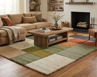 Hand Tufted Wool Area Rug – Modern Patchwork Geometric Rug