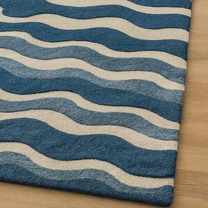 Pu&ograve; includere: Un tappeto blu e bianco con un motivo a onde. Il tappeto presenta fasce alternate di diverse tonalit&agrave; di blu e bianco sporco, creando un motivo strutturato simile all'oceano. Il tappeto &egrave; realizzato in un materiale morbido ed &egrave; adatto per un soggiorno o una camera da letto.