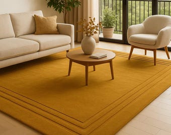 Handgetufteter senfgelber Wollteppich - Modernes minimalistisches Bordürendesign | Luxus Wohnzimmer Teppich