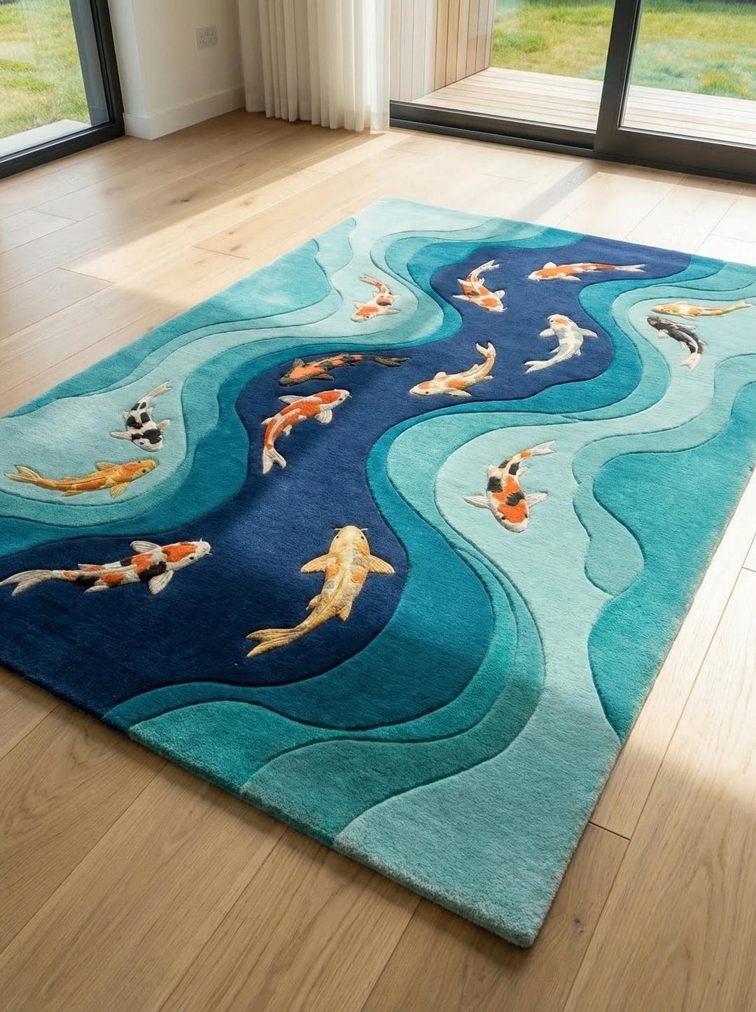 Pond Colors Rug Koi Fish Rug Tufted Wool, Blue Ocean Area Rug, Japanese Pond Rug ...