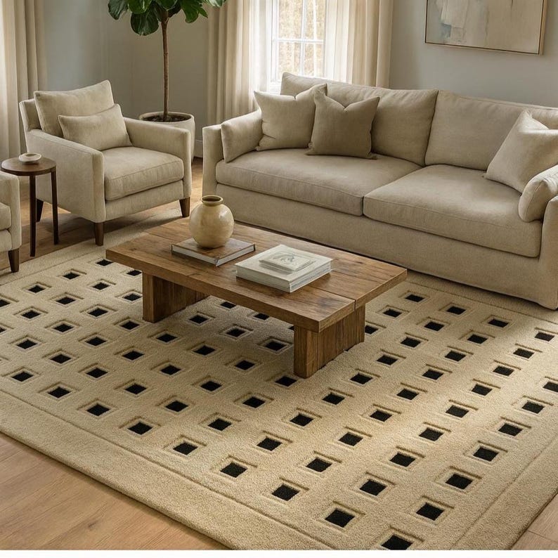Area Rug With Square Pattern Hand-tufted Wool Area Rug, Modern Geometric Square Pattern Rug, Beige ...