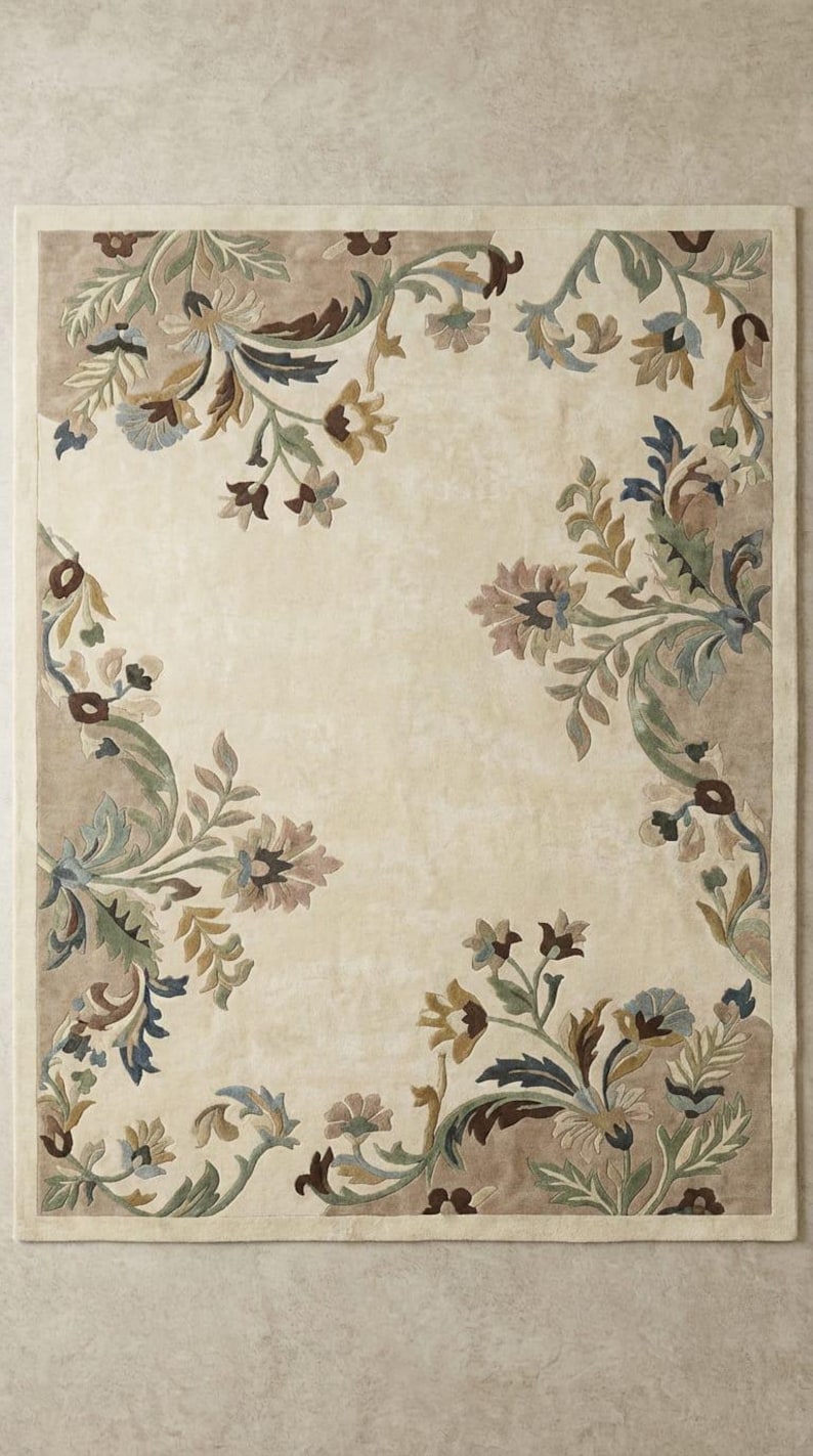 Traditional Area Rug Hand Tufted Floral Wool Rug, Vintage Botanical Area Rug, Classic Ivory ...
