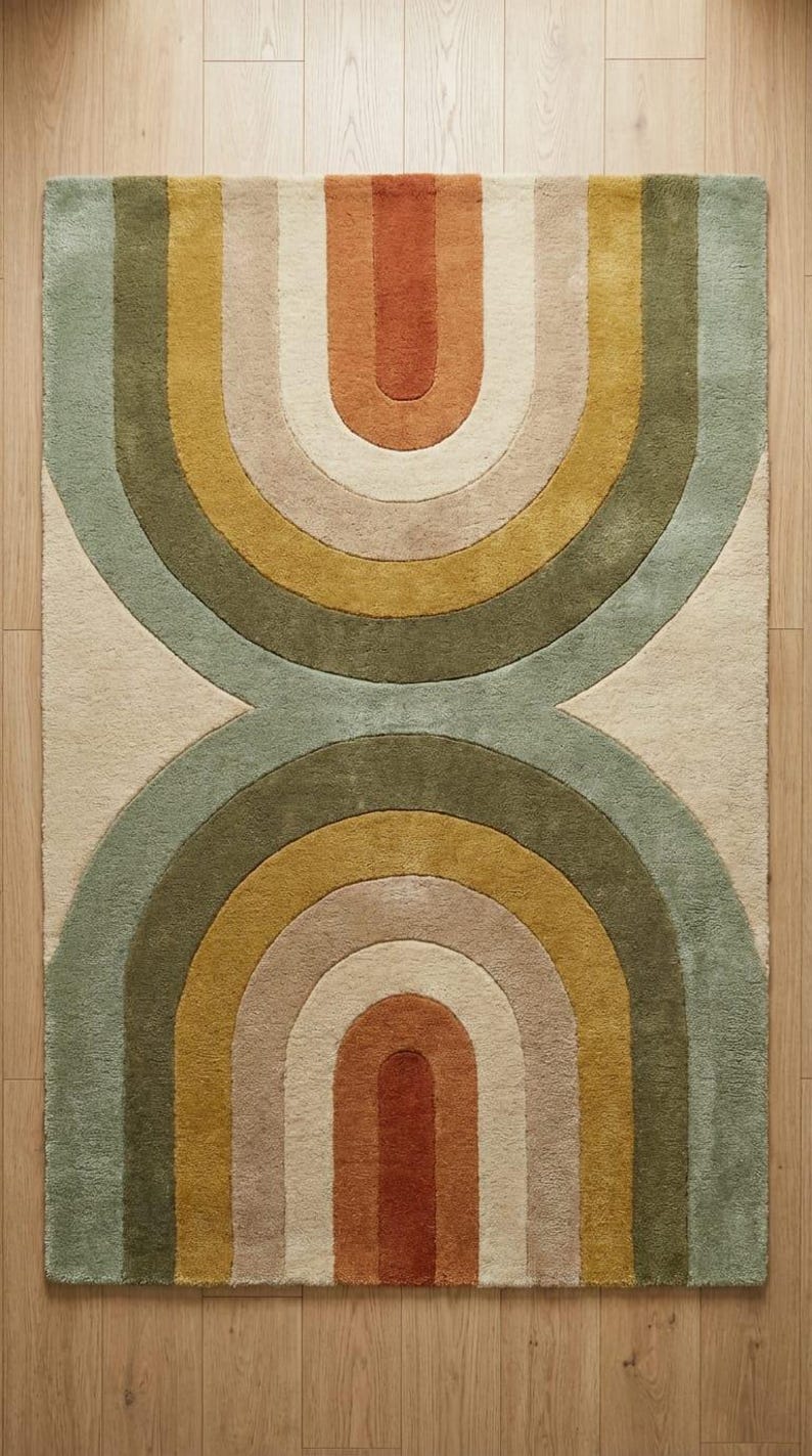Mid Century Modern Rug, Retro Rainbow Area Rug, Sage Green Terracotta ...