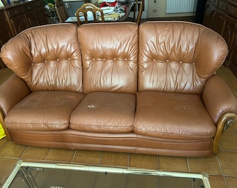 Sofá y sillones de piel color coñac de diseño italiano para retapizar