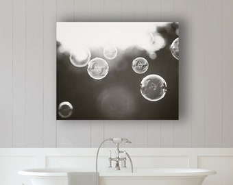 Bathroom Canvas Print Art - soap bubbles black white wall art laundry room decor modern canvas gallery wrap abstract photography, "Bubbles"