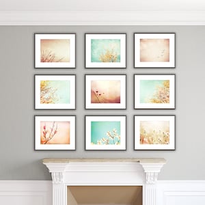 Photography Set of Nine, peach blue coral yellow mint beige aqua teal nature pastel wall art botanical photographs turquoise print set image 1