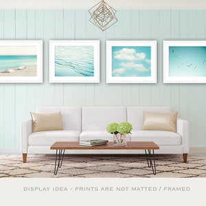 Beach Photography Set aqua blue print ocean seashore coastal wall art seashells clouds water sea photo Four 11x14, 8x10, 5x5 Photograph image 1