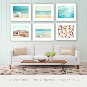 Beach Photo Set Six 11x14, 8x10, 5x7 Photographs coastal photography aqua blue print set ocean seashells white cream beige wall art image 1