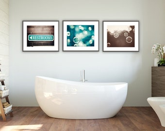 Modern Gallery Wall Bathroom Set of 3 Pictures in Brown & Teal Abstract Bubbles Photo Prints Bathroom Wall Decor Modern Photography