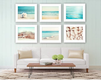 Beach Photo Set - Six 11x14, 8x10, 5x7 Photographs - coastal photography aqua blue print set ocean seashells white cream beige wall art