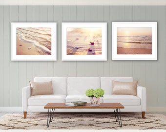 Beach Print Set - Three Coastal Photographs - ocean shells seashell beige neutral cream peach pink seashore sea shore wall art set