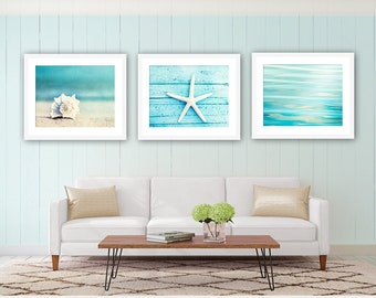 Coastal Wall Art - Seashell Beach Decor Blue Bathroom Picture Seaside Photography Print Ocean Art Print