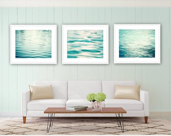 Mint Water Wall Art - Set of 3 Photographs, ocean beach mint green photography ripples lake decor sea calming coastal art prints waves