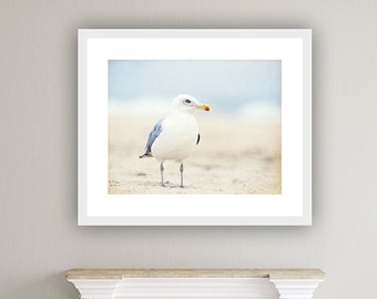 Seagull Photography - bird beach photography light blue cream white beige coastal wall art seashore - 11x14, 8x10 Photograph, "Beach Bum"