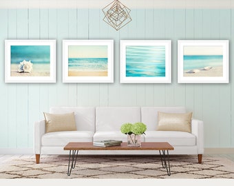 Beach Photography Set - Four 11x14, 8x10, 5x7 Photographs - ocean water seashell photo print sea aqua blue beige seashore coastal wall art