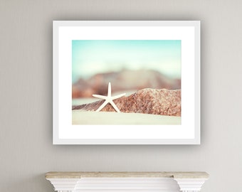 Seashore Photography - starfish beach photography star fish coastal wall art aqua blue ocean white - 11x14, 8x10 Photograph, "Lucky Star"