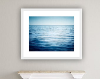 Ocean Photography - water dark blue sea photo seascape horizon minimal nautical coastal wall print, beach bathroom decor, "Into the Deep"